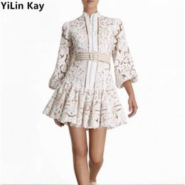 YiLin Kay Self-Portrait Runway Water Soluble Lace Dress Hollow-out embroidered bubble sleeves Party Dresses vestidos F1202188o