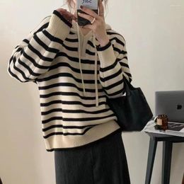 Women's Sweaters Autumn And Winter 2023 Hooded Black White Striped Pullover Sweater For Women Loose Lazy Style Knitted Top Casual