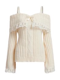 Women' Blends Cold Shoulder Sweaters Long Sleeve Contrast Lace Knit Pullovers Bow Front Jumper Tops 231013