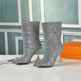 Amirsity Amina Muaddi High Heel Women Designer Boots da mais alta qualidade Botas pontiagudas Martin Desert Boot lantejas medalhas grossas de inverno não deslizamento