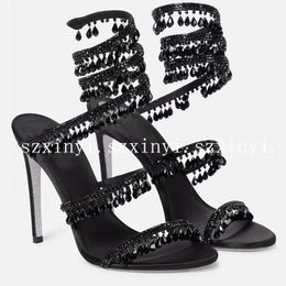 Top-Quality Fashion Rhinestone Tassel Women's High Heels 9.5cm Sandals with Snake Shaped Ankle Straps