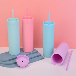 Local warehouse 16oz Acrylic Skinny Tumblers Matte Colored cups with Lids and Straws 2 layer Plastic Tumblers with color Straw US 263T