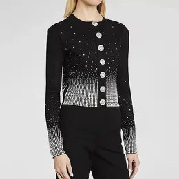 Women's Jackets High Quality 2023 Women O-neck Full Sleeve Metal Button Diamonds Heavy Industry Gradient Knitted Black Jacket