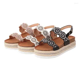 Dress Shoes Comfortable Round Head Rhinestone Straw Woven Bottom Slotted Women's Casual Open-toe Thick Soled Sandals