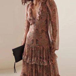 Casual Dresses Sexy Deep V-neck Ruffle Boho Maxi Dress Women Vintage Floral Print Long Party Spring Autumn Flare Sleeve Office