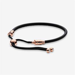 100% 925 Sterling Silver Rose Gold Moments Leather Slider Bracelet Chain Classic Round Clasp Fashion Women Wedding Engagement Jewe260P