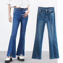 Women's Jeans Withered Vintage Forking Flare Denim Pants High Street Washed Blue Waist Women