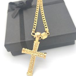 Cross 24 k Solid gold GF charms lines pendant necklace Curb Chain christian jewelry factory wholecrucifix god gift267S