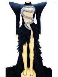 Stage Wear Black And White Shining Snack Rhinestones Swan Velvet Coat Sexy Feather Long Dress For Women Cloth Show Costume Party