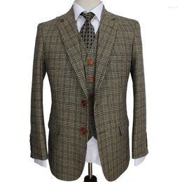 Men's Suits Men Suit Brown Retro Plaid Groom Tuxedos Custom Made Slim Fit Wedding For Blazer Tailor Jacket Vest With Pants