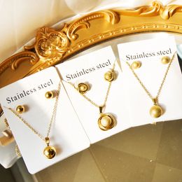 Wedding Jewellery Sets Trendy Pearl Steel Ball Pendant Gold Colour Necklace and Earrings Set Stainless for Women Girl Gift 231012