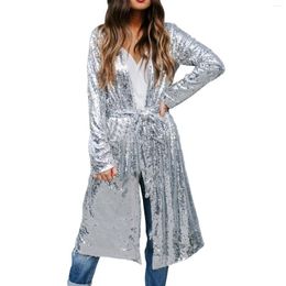 Women's Jackets Fashion Silver Sequin Jacket For Women Open Front Sparkle Long Coats Sleeve Cardigan Coat Belt Lace Up Y2K Clubwear