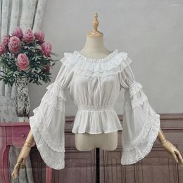 Women's Blouses Vintage Lolita Shirts Women Kawaii Lace Ruffles O-Neck Flare Sleeve Chiffon Tops Girly Sweet Elegant Princess Victorian