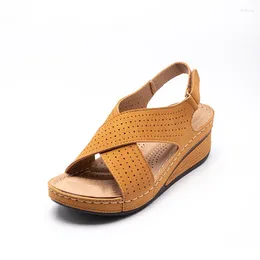 Dress Shoes Classic Women Chunky Sandals Lightweight Cross Strap Summer 5cm Heel Hight Wedges Girl's Brown Casual Plus Size
