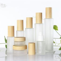 30ml 40ml 60ml 80ml 100ml Frosted Glass Cream Jar with Plastic Imitated Wood Lid Makeup Lotion Pot Spray Pump Bottle Ocrro