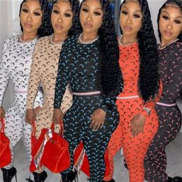 Women Sporty Fitness Tracksuit Moon Letter Print Long Sleeve Bandage Tops and Skinny Long Legging Pant Matching Sets Club Outfit238C