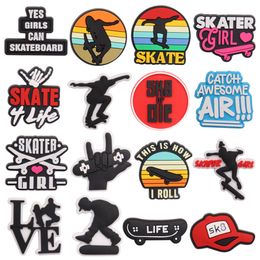 Wholesale 100Pcs PVC Yes Girls Can Skateboard Skater Life Love Guitar Shoe Charms Man Woman Buckle Decorations For Bracelet Button Clog