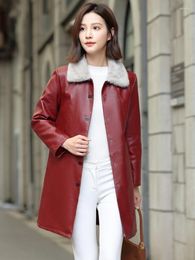 Women's Leather Jacket Women Thickened Mid Length Version Fur Collar Fashion Coats Elegant Warm Temperament