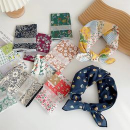 Scarves 58cm Cotton Linen Scarf Small Shawl Sunscreen Headscarf Hijabs Floral Print Square Bandanas Neckerchief All-Match