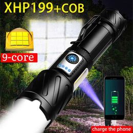 Torches Super Bright XHP199 LED Flashlight Zoomable USB Rechargeable High Powerful Torch Waterproof 18650 Tactical Flash Light Q231013