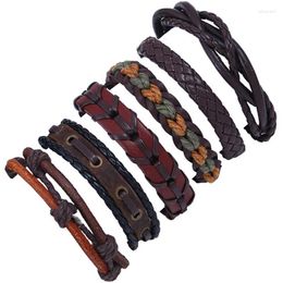 Charm Bracelets 6pcs/set 2023Punk Hippie Black Dark Brown Leather Cord Macrame Knots Layers Stackable Wrap Bracelet Bangles Unisex Jewelry