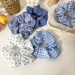 Sweet Blue Woman Hair Scrunchie Polka Dots Plaid Flowers Print Hair Ties Head Rope Hair Bands Summer Headwear