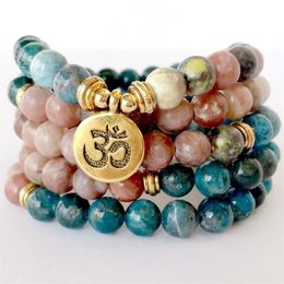 MG1350 Natural 8 mm Apatite 108 Mala Bracelet Lotus Charm Rhodonite Wrap Mala Bracelet Meditation Spiritual Yoga Jewelry197z