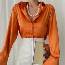 Women's Blouses Shirts Spring Satin Long Sleeve Women 2023 Autumn Vintage Orange Green Silk Shirt Casual Loose Button Up Street 22717 231013
