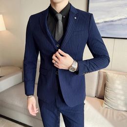 Men's Suits High Quality(Blazer Vest Trousers) Striped Slim Fit Simple Casual Business Elegant Fashion Gentleman Suit 3-piece