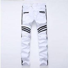 New Hole White Men's Jeans Straight New Brand Denim Jeans With Zippers Contrast Colour Stripe Male Pants Slim Plus Size Trouse276q