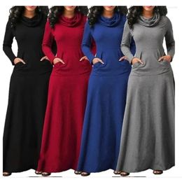 Casual Dresses Plus Size 5XL Elegant Long Maxi Dress Autumn Winter Warm High Collar Women Long-sleeved 2023 Woman Clothing With Pocket