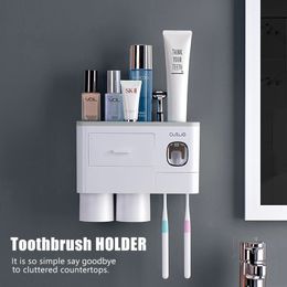 Toothbrush Holders Bathroom Toothbrush Holder Wall Mounted Bathroom Storage Rack Double Automatic Toothpaste Dispenser with Magnetic Cups 231013