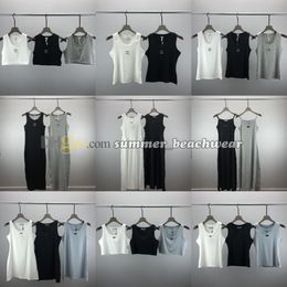 Women Fashion Embroidered Tanks Top Yoga Crop Tops Metal Badge Knitted Dress Sexy Sleeveless Knits Vest