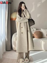 Women's Wool Blends Fall Winter Mid Length Woollen Coat Warm Women Double Breasted Blend Overcoat Thick Beige Solid Elegant Outerwear 231012
