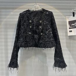 Women's Jackets PREPOMP 2023 Autumn Collection Fouble Breasted Rhinestone Buttons Lace Feathers Black Tweed Short Jacket Women GL884