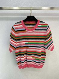 23 Autumn/Winter New Small and Versatile Rainbow Stripe Handmade Letter Jacquard Sweet Knitted Sweater