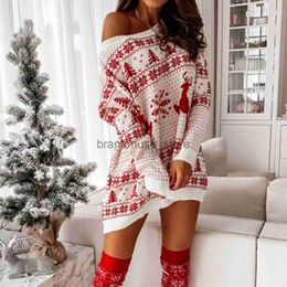 Basic Casual Dresses Women Snow Deer Pattern Santa Claus Dress Warm Loose Fit Christmas Knitted Top Long Sleeve Slash Neck Casual Winter Robe J231013