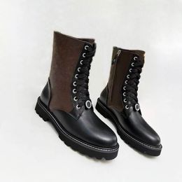 Designer boot motorcycle boots fashion Chelsea boots woman Mid length boots Black Leather Wedge Lace Up Round Head Letter Thick Heel Knight