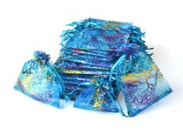 Blue Coralline Organza Drawstring Jewellery Packaging Pouches Party Candy Wedding Favour Gift Bags Design Sheer with Gilding Pattern 1296119