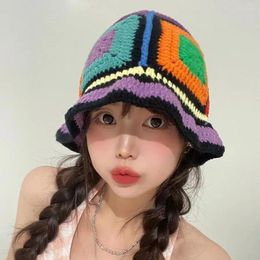 Berets Winter Hat For Women Knitted Handmade Crochet Bucket Hats Y2k Fashion Summer Beach Hollow