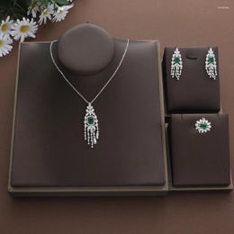 Necklace Earrings Set Luxury Waterdrop Square Tassel Cubic Zircon Engagement Dubai Naija Bridal Finger Rings Earring Jewellery S459