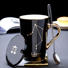 Mugs Ceramic 12 s Creative Glass with Spoon Lid Black and Gold Porcelain Zodiac Milk Coffee Cup Drinkware 231013