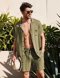 Men's Tracksuits Army Green Linen Short Sleeve Shirt Set Summer Loose Casual Cotton Cardigan Shorts M-3xl Single Breasted Small Lapel