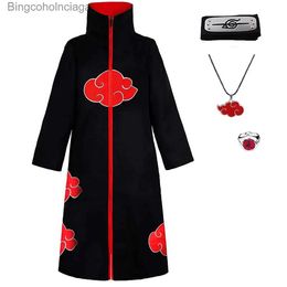 Theme Costume Akatsuki Cloak Kids Itachi Long Black Unisex Robe Capes Halloween Cosplay for Anime Come with Headband Ring NecklaceL231013