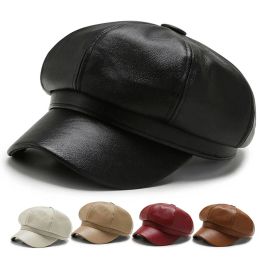 Vintage Unisex PU Leather Beret Caps Spring Autumn Hats For Women Men Black Flat Top Captain Cap Travel Cadet Hat