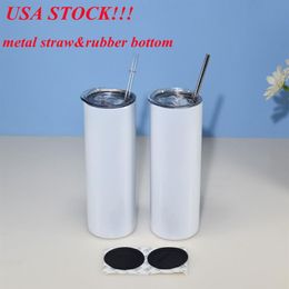 Local warehousesublimation tumbler 20oz straight tumbler with metal straw rubber bottom blank skinny cup stainless steel mug US 256t