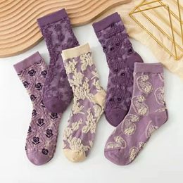 Women Socks 1Pairs/set Women's Purple Vintage Floral Fashion European American Street Mid Tube Autumn Retro Court 3D