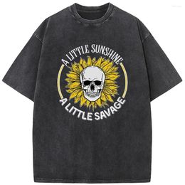 Men's T Shirts Funny Skull Print Short Sleeve T-shirt Summer Cotton 230g Washed Novelty Casual Loose Bleached Tshirt