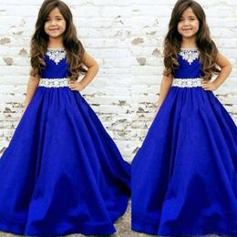Girl Dresses Formal Royal Blue Girls Pageant With White Lace Jewel NeckToddler Infant Satin Flower First Communion Gown