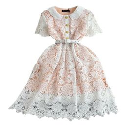 Casual Dresses Mesh Flower Embroidery Elegant Metal Button Belt Lapel Collar Slim Dress Women Evening Party Hook Flower Hollow Ves290n